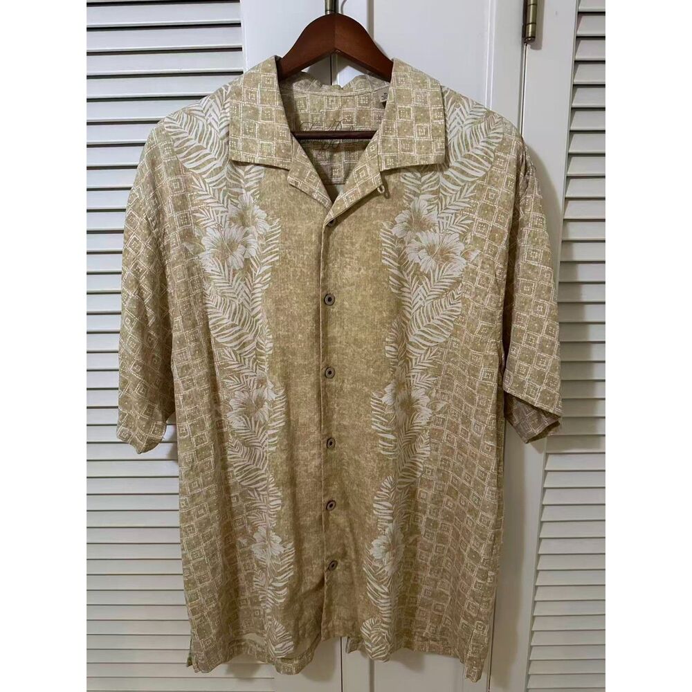 Tommy Bahama Men's XL Silk Hawaiian Camp Shirt Cream Tan Floral Palm Leaf